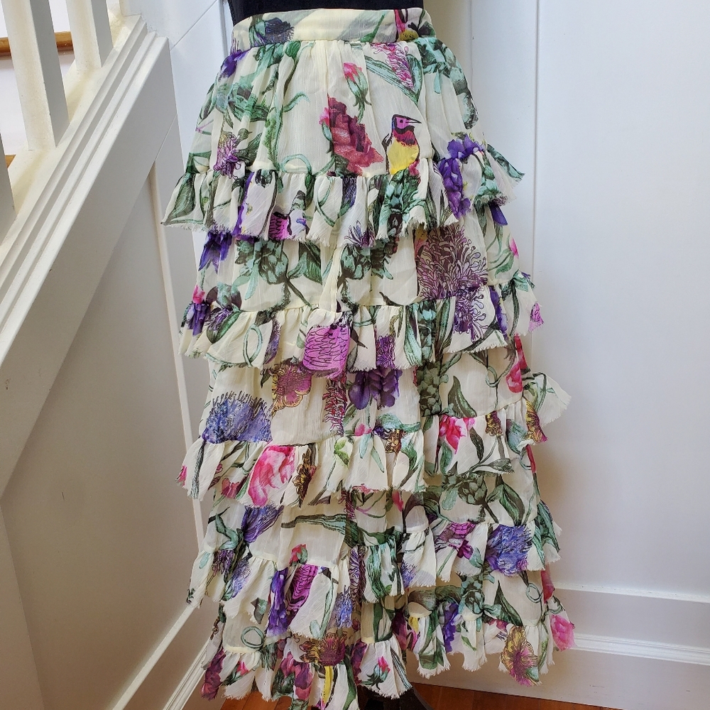 Floral Tiered Chiffon Raw Edge Skirt - Picture 2 of 4
